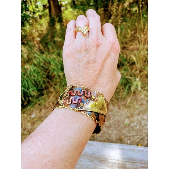 Vintage Brass and Copper bangle Cuff Bracelet Brutalist Abstract - Picture 7 of 12